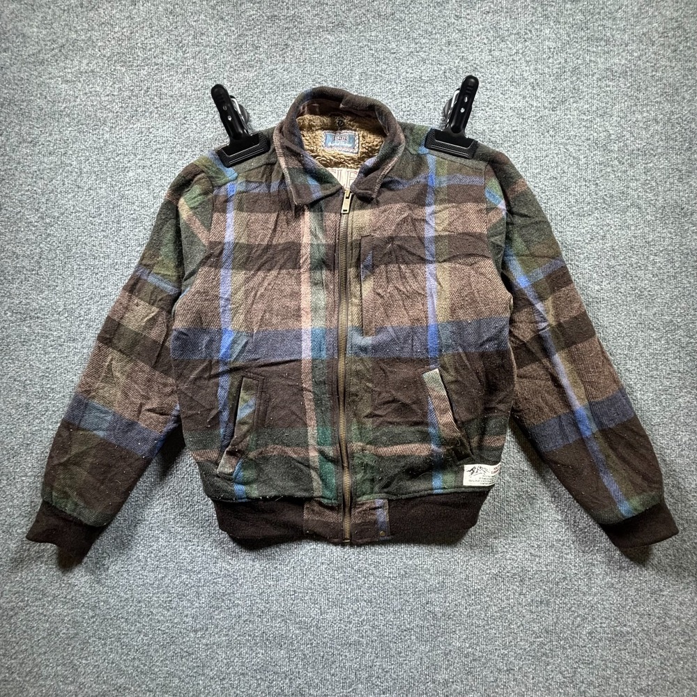 Sisley Bomber Jacket Mens L Brown Wool Sherpa-Lined Plaid Workwear Winter Zip-Up